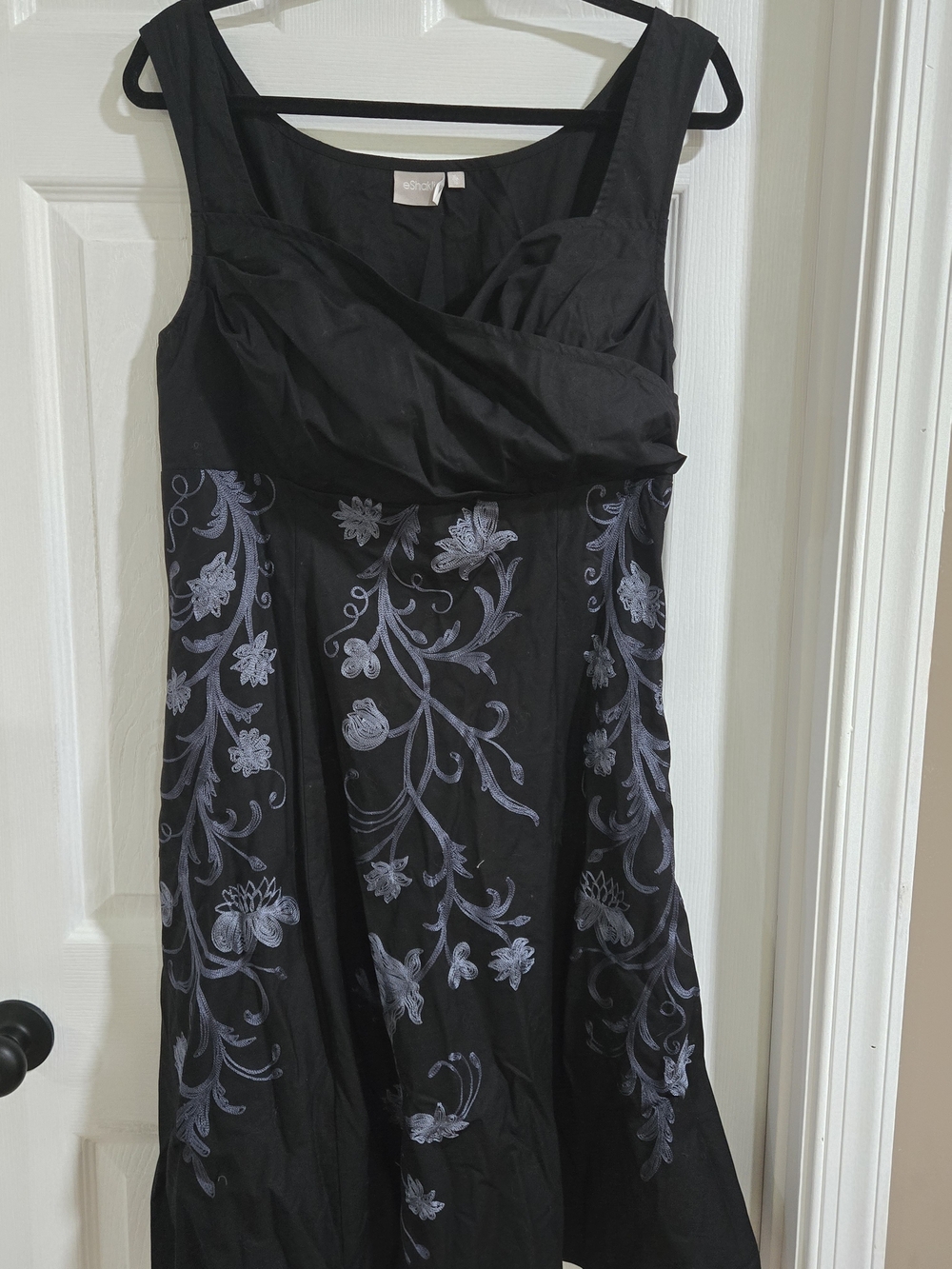 eshakti Black Midi Dress with Light Gray Floral Embroidery